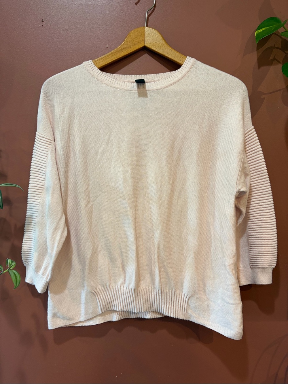 MarlaWynne Light Pink Crewneck Sweater with Ribbed Sleeve Detail